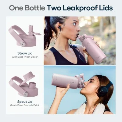 Buzio Duet Series Water Bottle with 2 Lids and Sleeve 1L - Purple